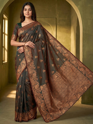 Designer Brown Floral Art Silk Saree Featuring Intricate Zari Weaving Work - Image 1