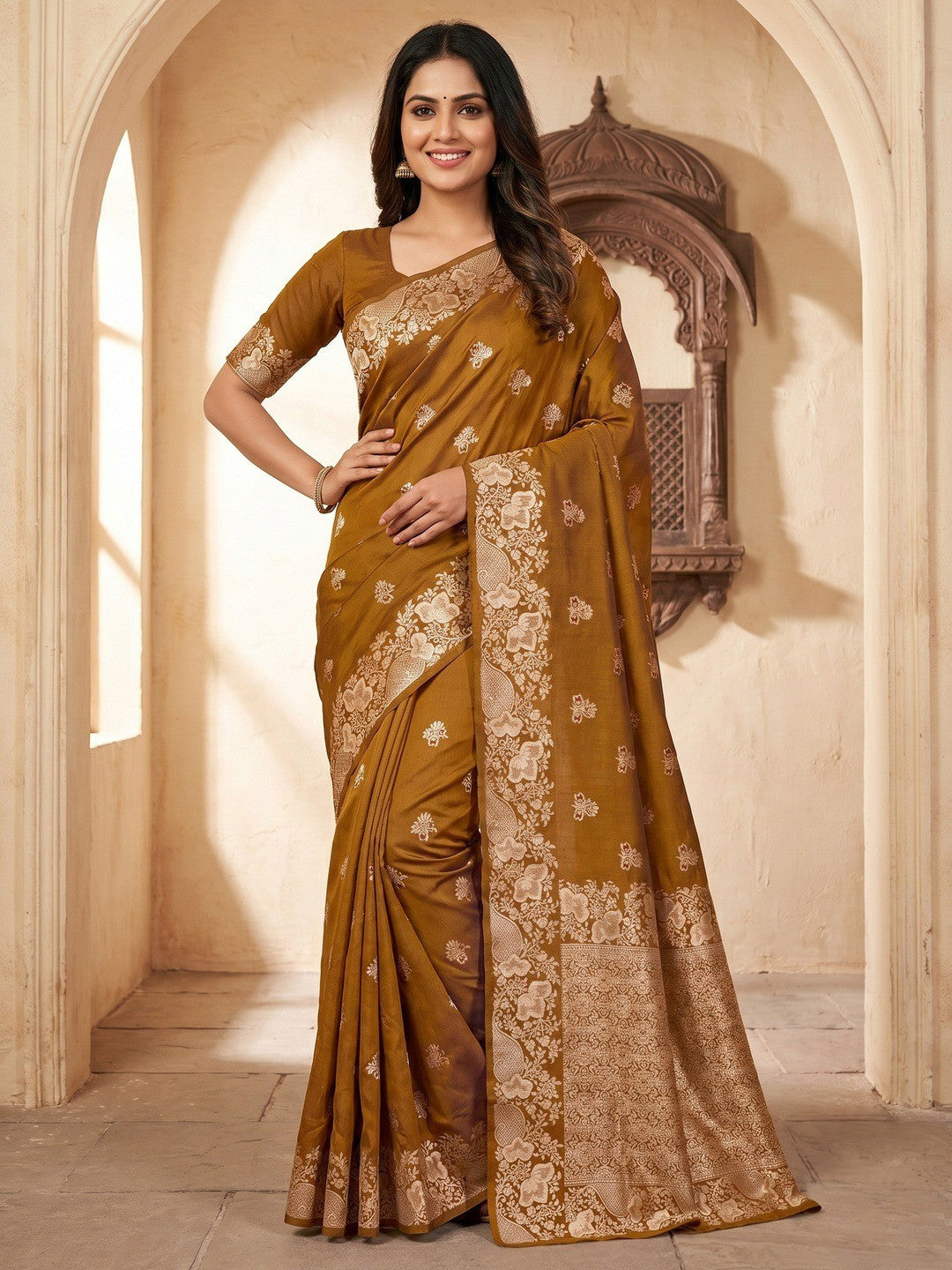 Designer Mustard Floral Art Silk Saree Featuring Intricate Zari Weaving Work - Image 1