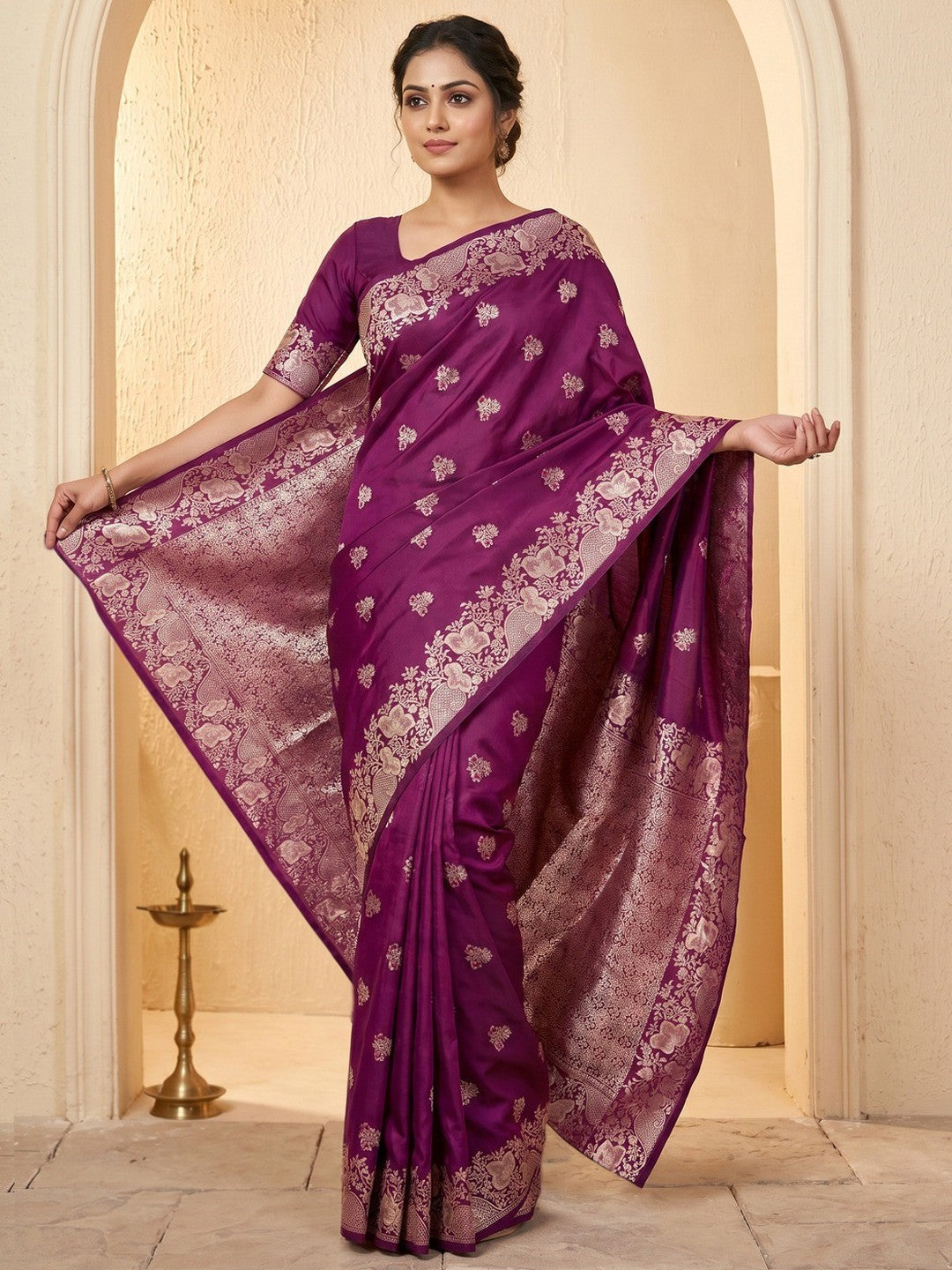 Designer Wine Floral Art Silk Saree Featuring Intricate Zari Weaving Work - Image 1