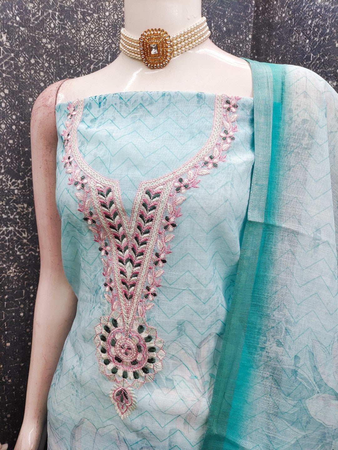 Elegant Sky Blue Linen Dress Material with Floral Thread Work and Dupatta - Image 2