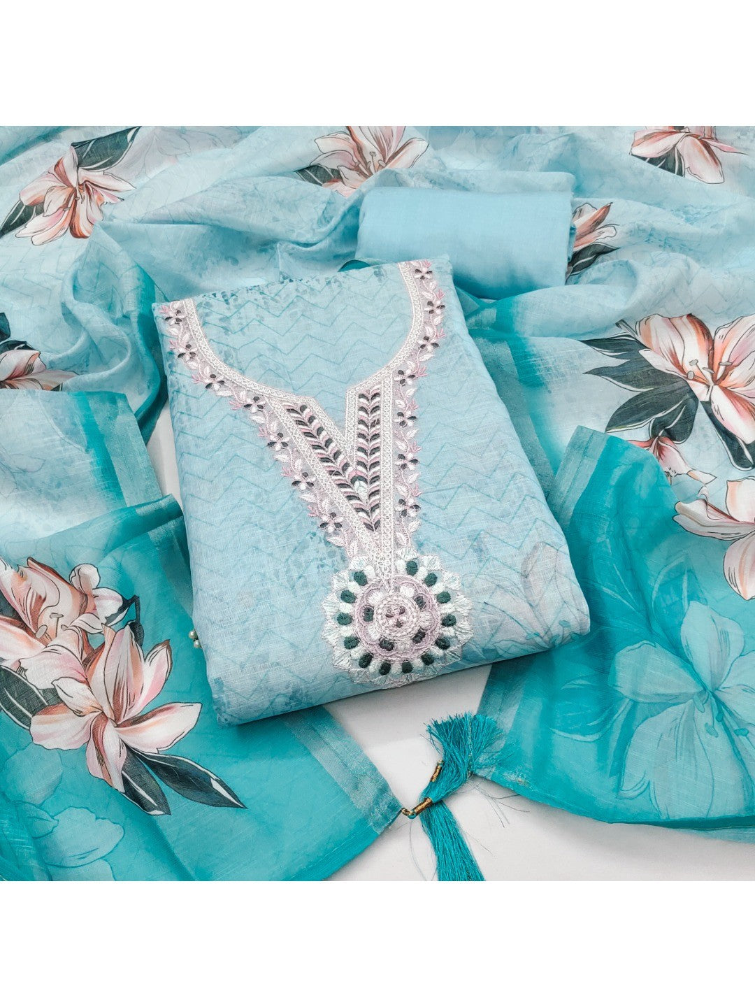 Elegant Sky Blue Linen Dress Material with Floral Thread Work and Dupatta - Image 1