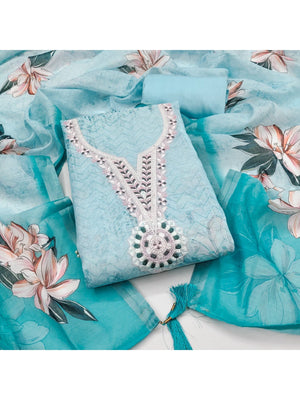 Elegant Sky Blue Linen Dress Material with Floral Thread Work and Dupatta - Image 1