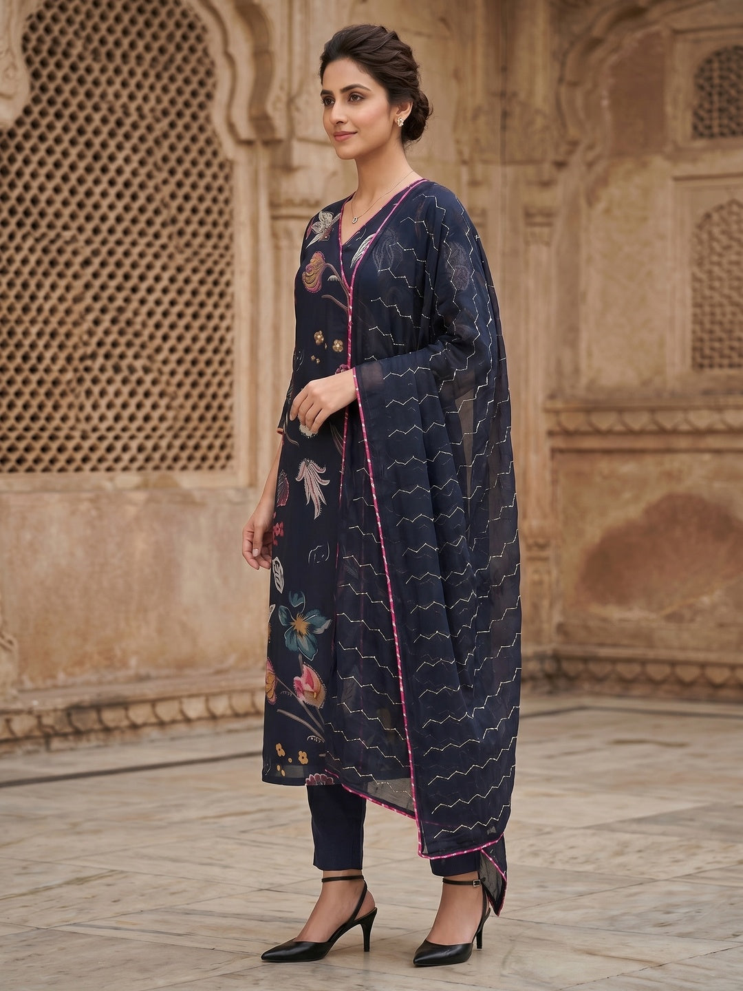 Navy Blue Floral Viscose A Line Salwar Suit Set Graceful Angrakha Pattern Style - Image 4