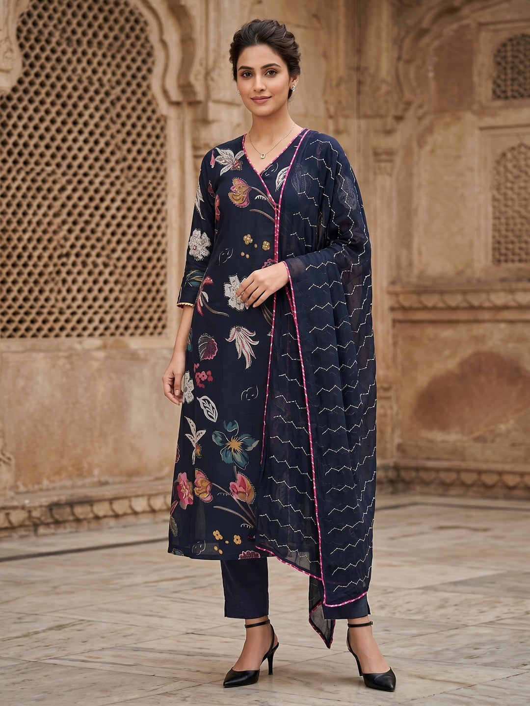 Navy Blue Floral Viscose A Line Salwar Suit Set Graceful Angrakha Pattern Style - Image 1