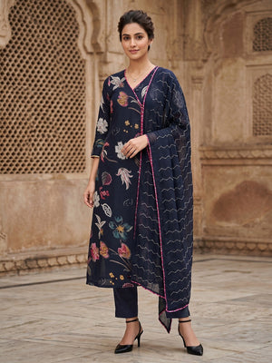 Navy Blue Floral Viscose A Line Salwar Suit Set Graceful Angrakha Pattern Style - Image 1