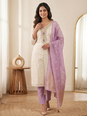 Elegant Cream & Lavender Cording Sequins Embroidered Shimmer Dress Material With Butti Weaving Work - Image 2
