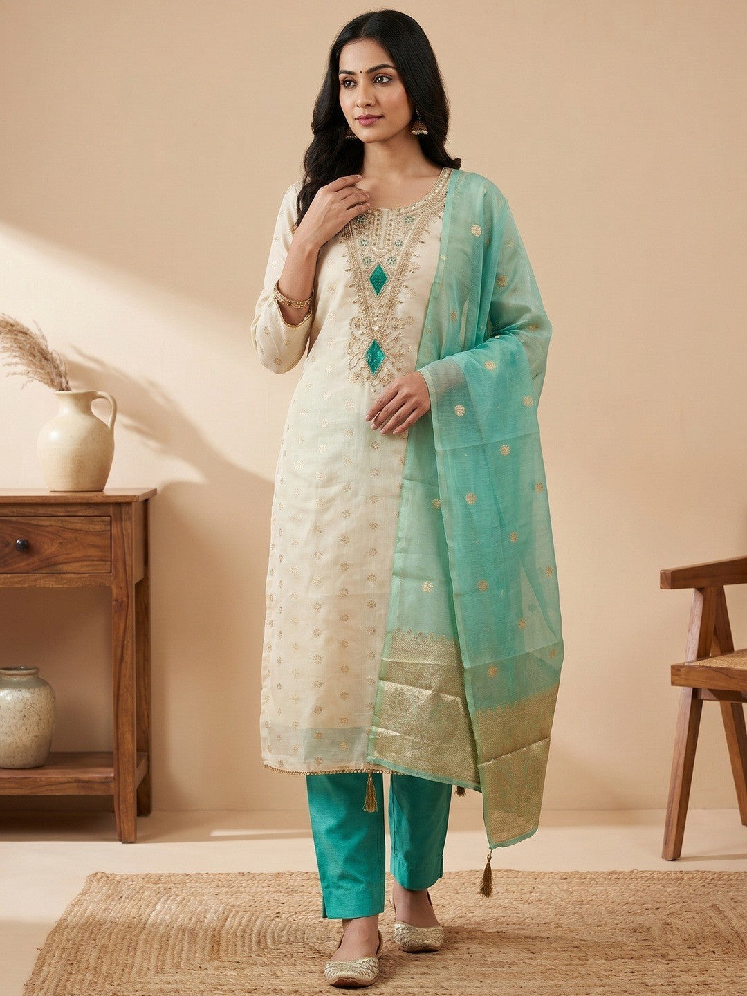 Elegant Cream & Turquoise Cording Sequins Embroidered Shimmer Dress Material With Butti Weaving Work - Image 2