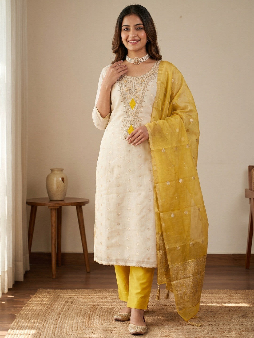 Elegant Cream & Yellow Cording Sequins Embroidered Shimmer Dress Material With Butti Weaving Work - Image 2
