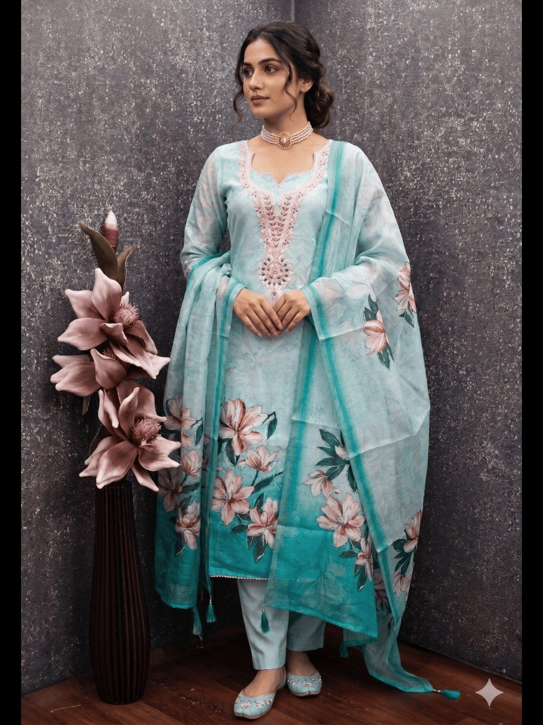 Elegant Sky Blue Linen Dress Material with Floral Thread Work and Dupatta - Image 1
