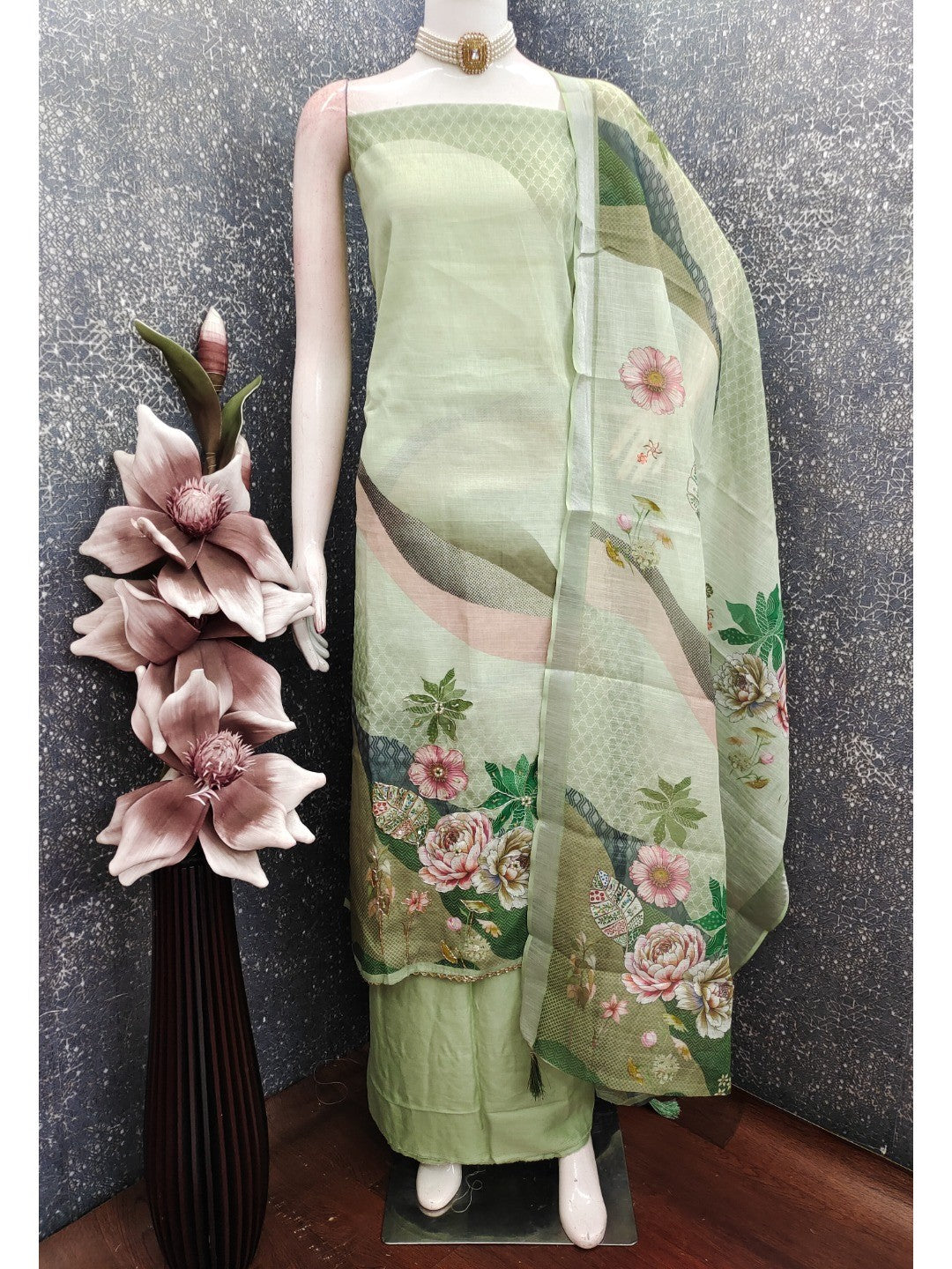 Elegant Floral Printed Green Linen Dress Material Set - Image 3