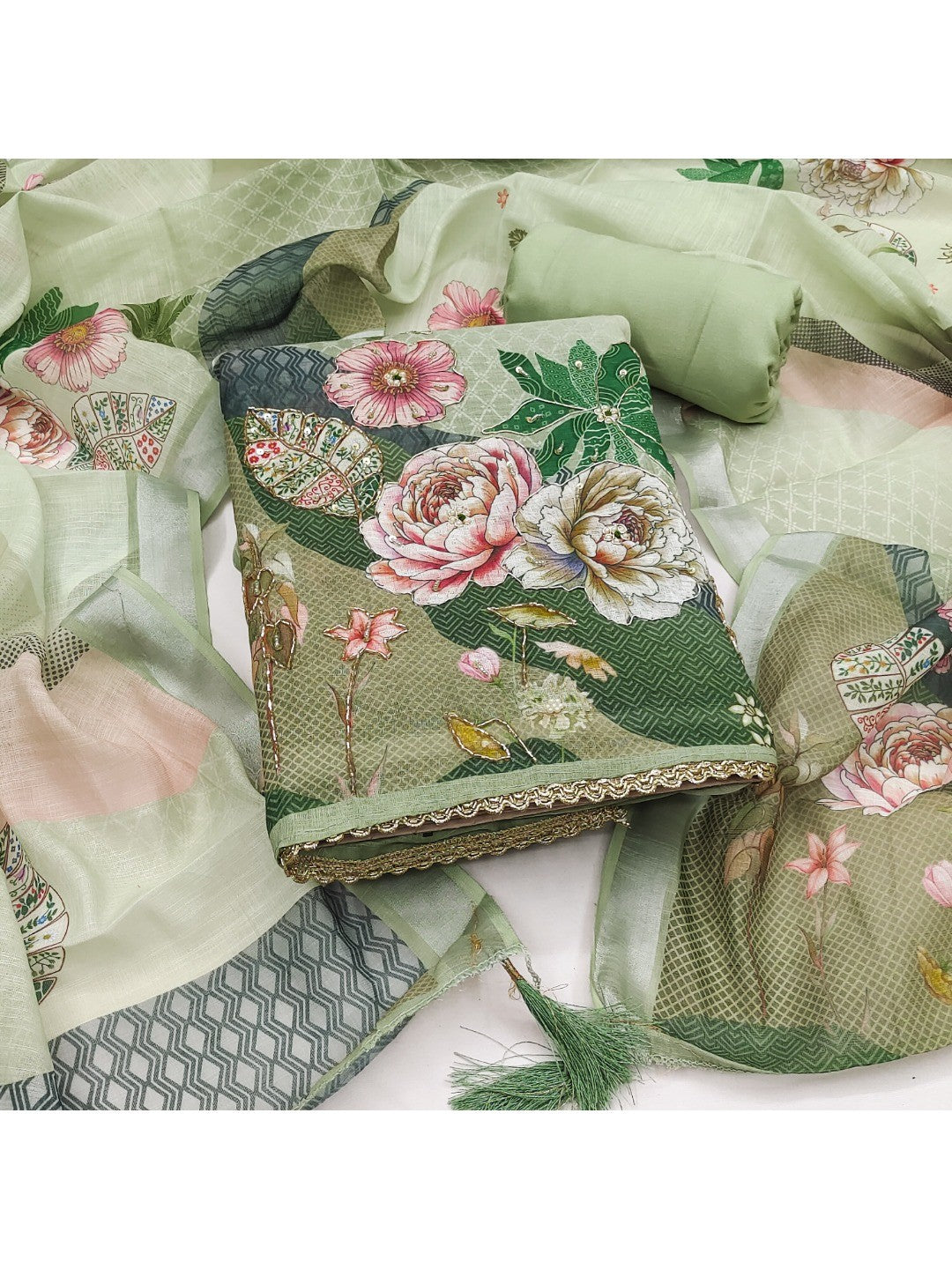 Elegant Floral Printed Green Linen Dress Material Set - Image 1