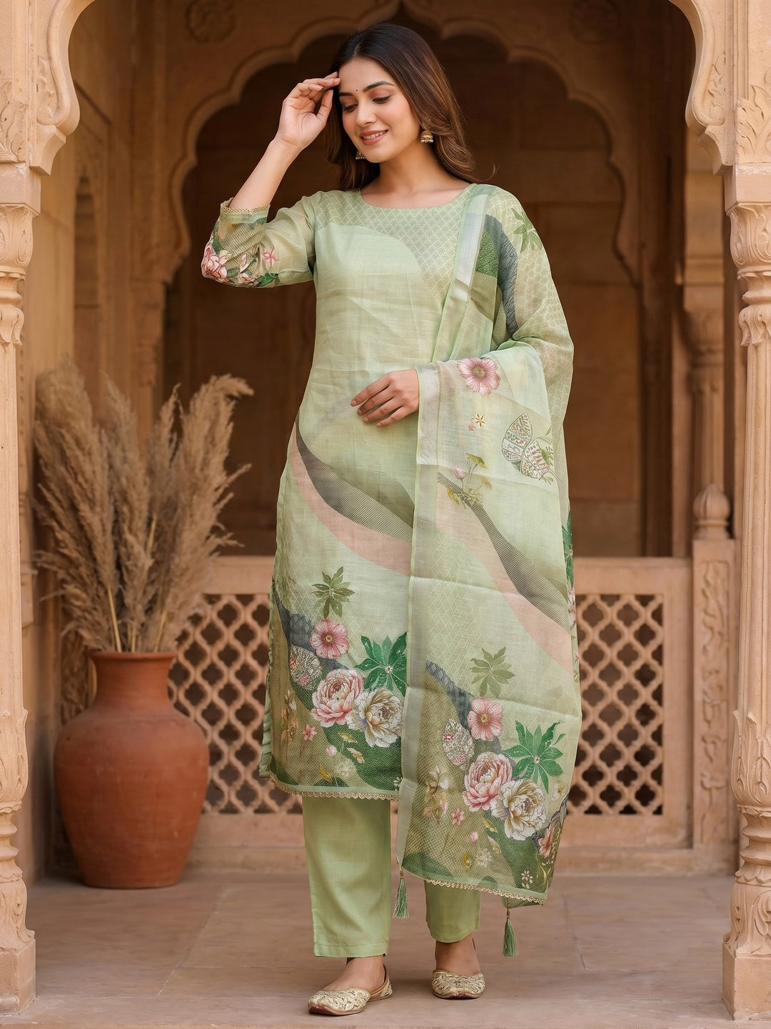 Elegant Floral Printed Green Linen Dress Material Set - Image 2