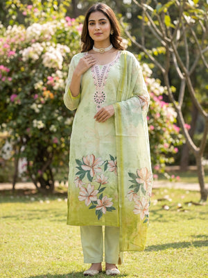 Elegant Green Linen Dress Material with Floral Thread Work and Dupatta - Image 2