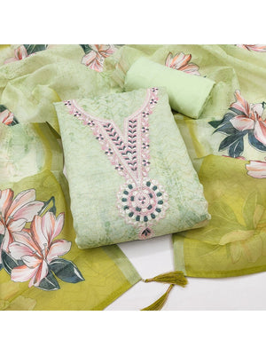 Elegant Green Linen Dress Material with Floral Thread Work and Dupatta - Image 1