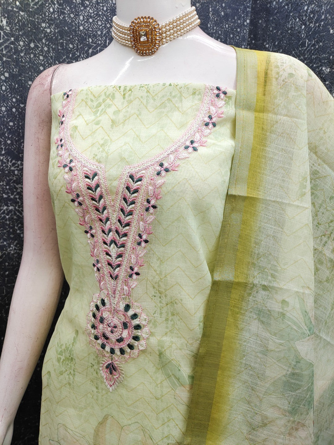 Elegant Green Linen Dress Material with Floral Thread Work and Dupatta - Image 3