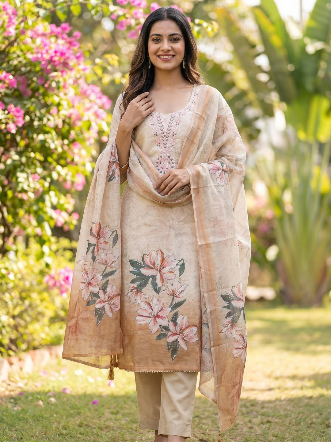 Elegant Beige Linen Dress Material with Floral Thread Work and Dupatta - Image 2