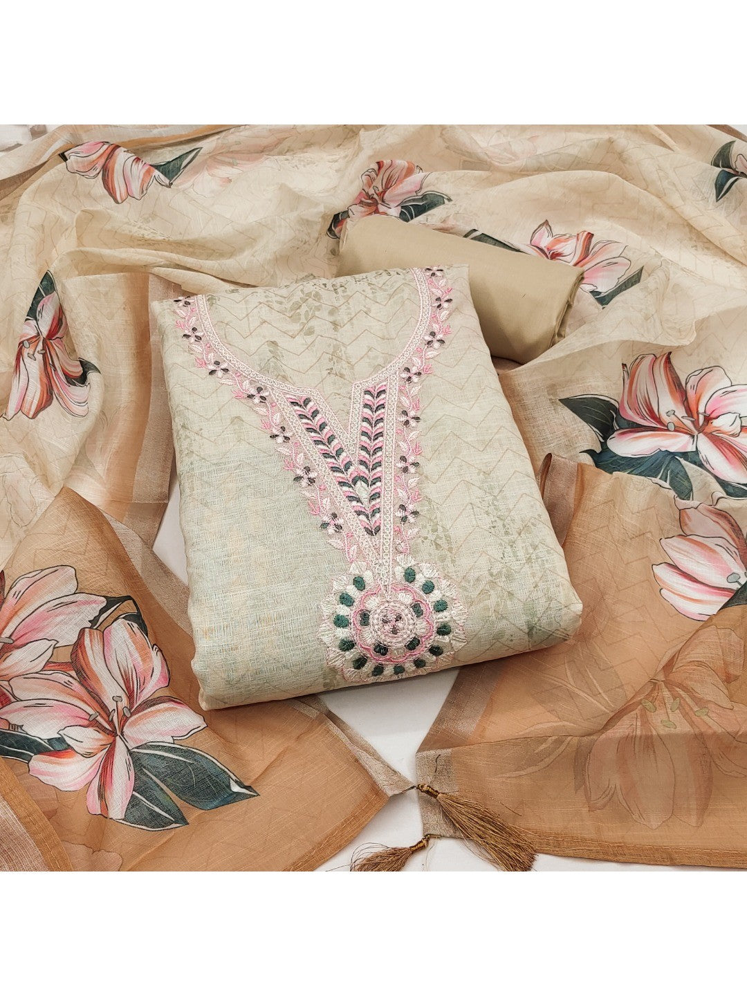Elegant Beige Linen Dress Material with Floral Thread Work and Dupatta - Image 1