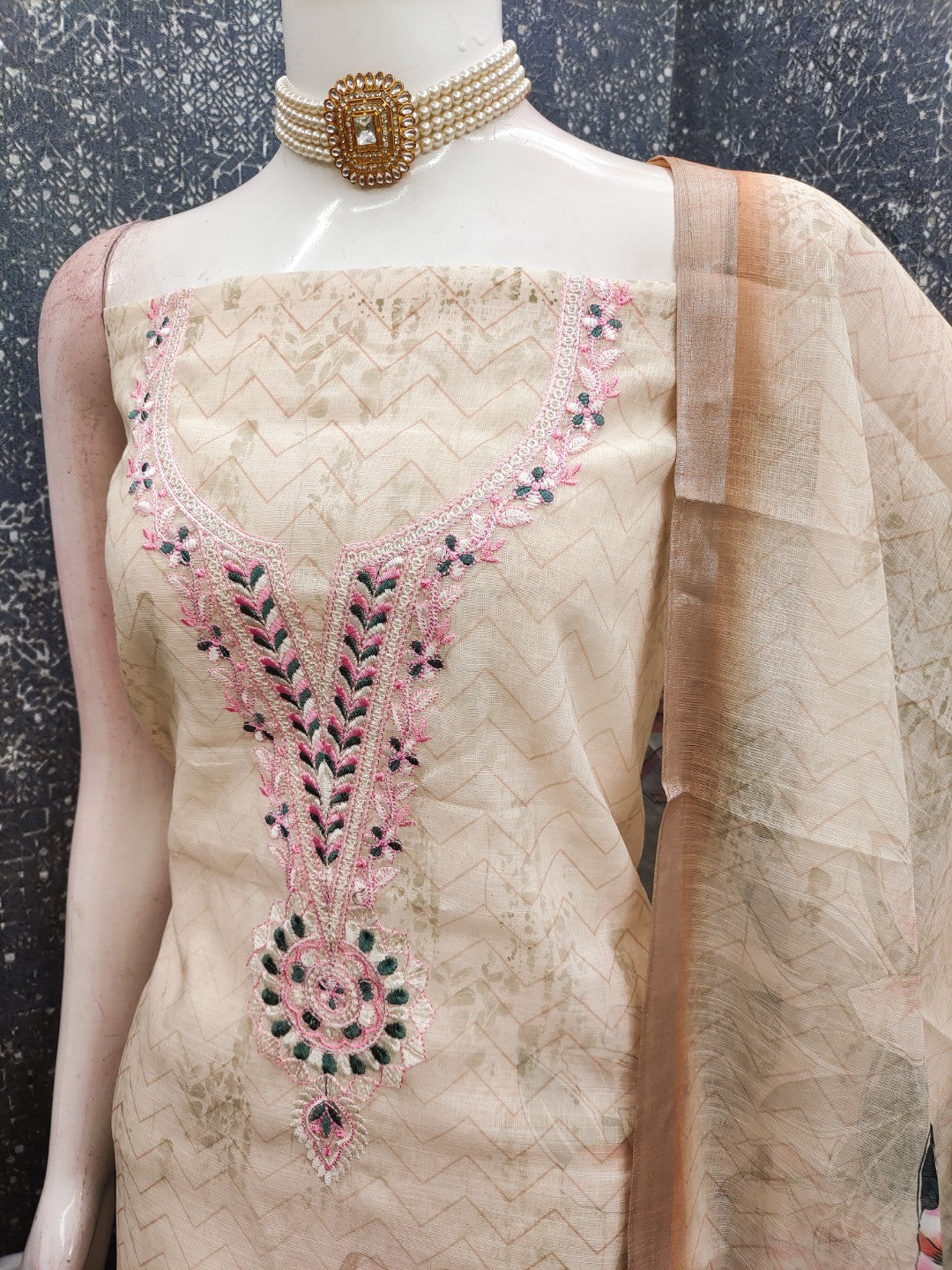 Elegant Beige Linen Dress Material with Floral Thread Work and Dupatta - Image 4