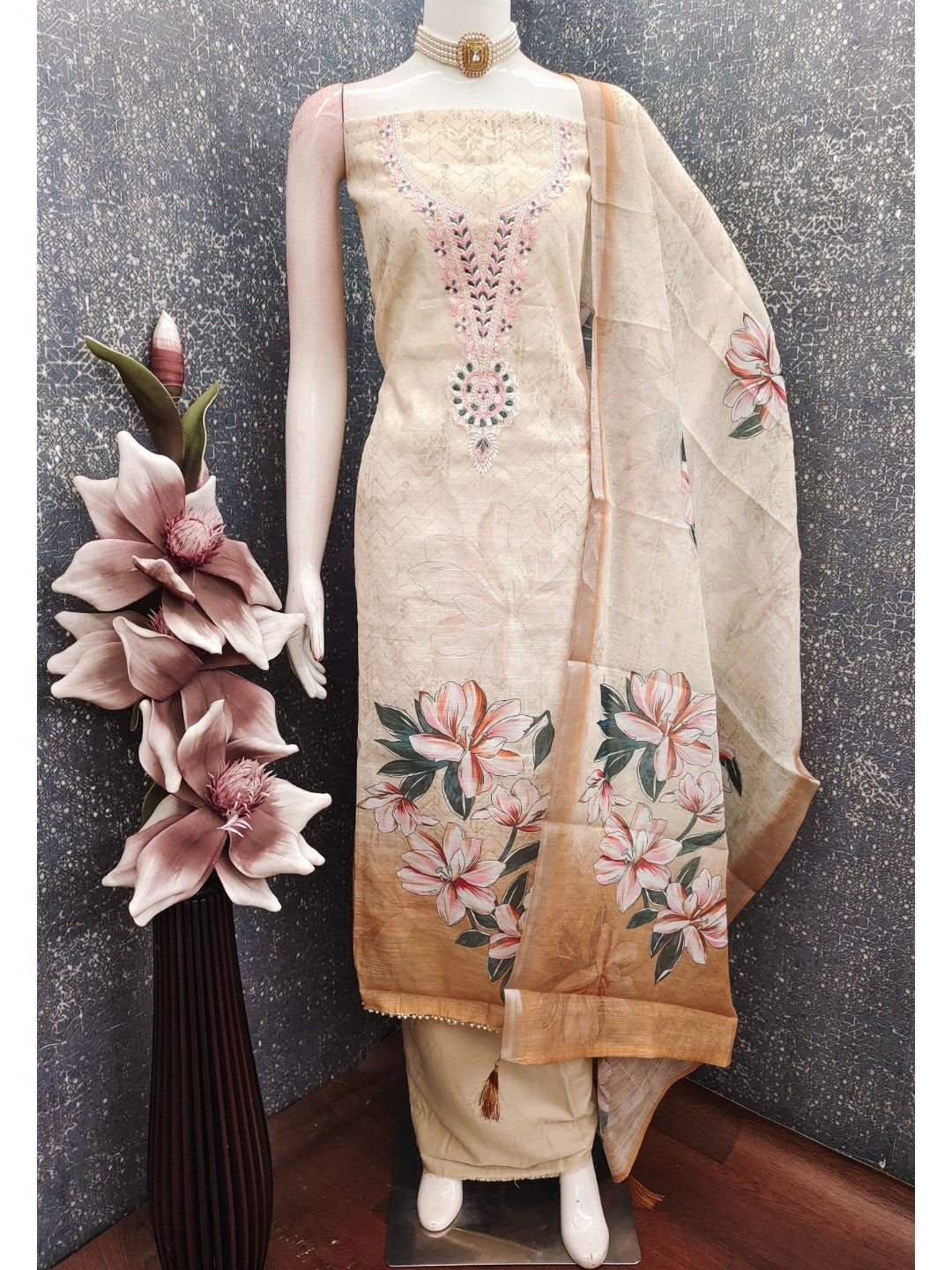 Elegant Beige Linen Dress Material with Floral Thread Work and Dupatta - Image 3