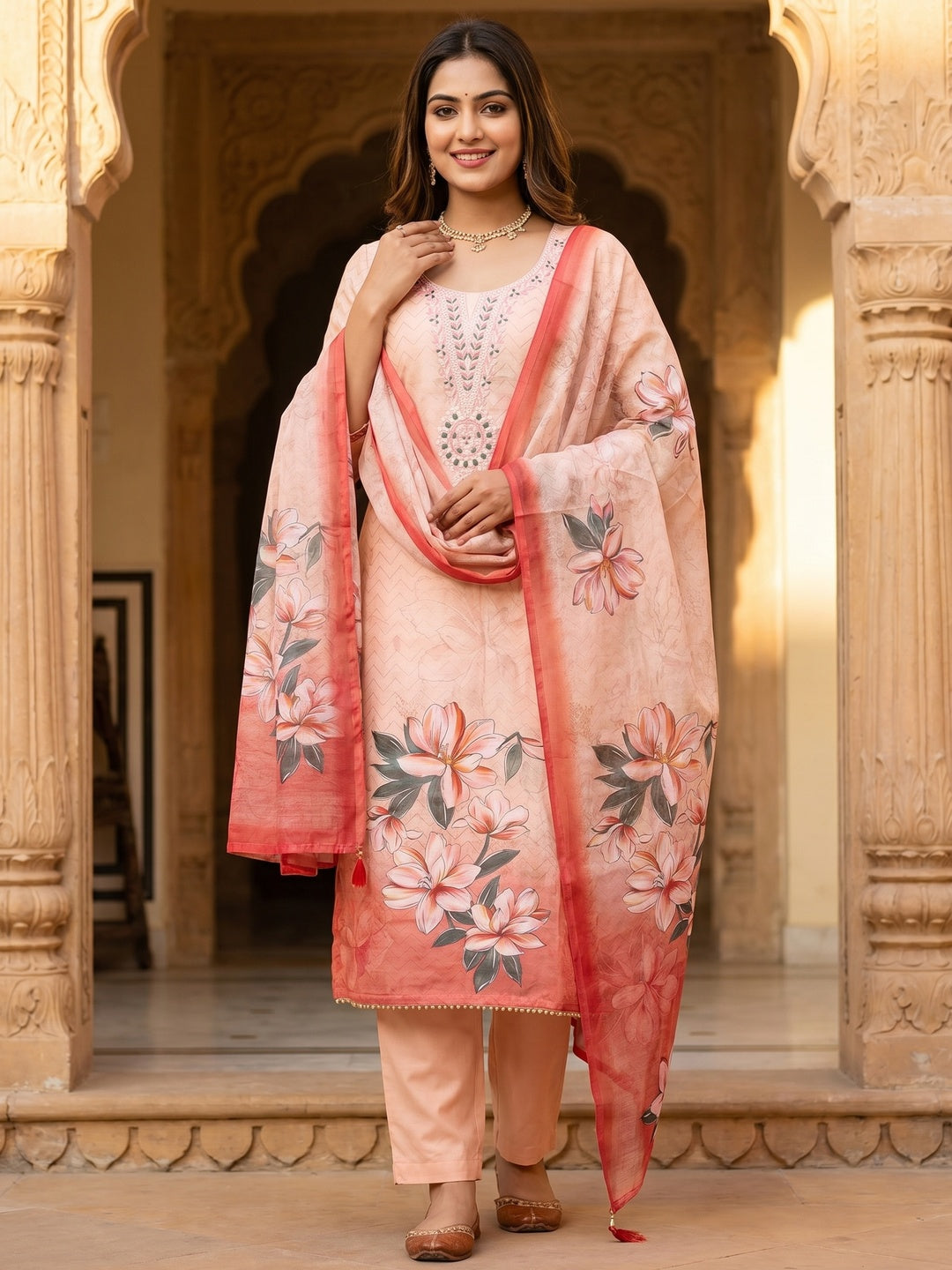 Elegant Peach Linen Dress Material with Floral Thread Work and Dupatta - Image 2
