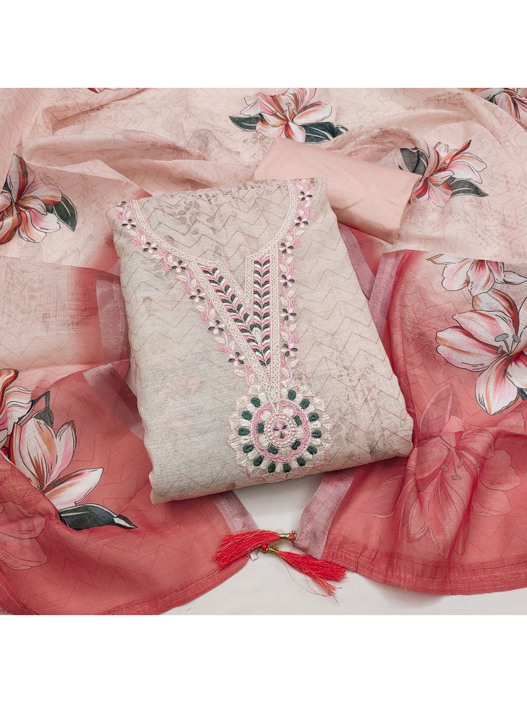 Elegant Peach Linen Dress Material with Floral Thread Work and Dupatta - Image 1