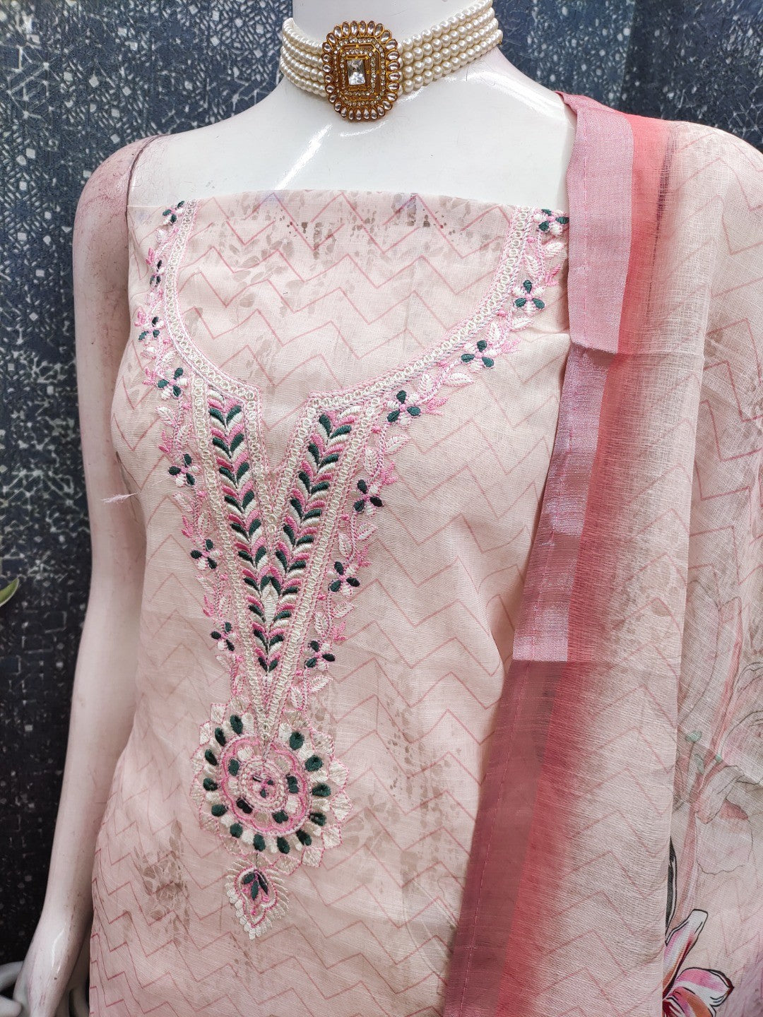 Elegant Peach Linen Dress Material with Floral Thread Work and Dupatta - Image 3