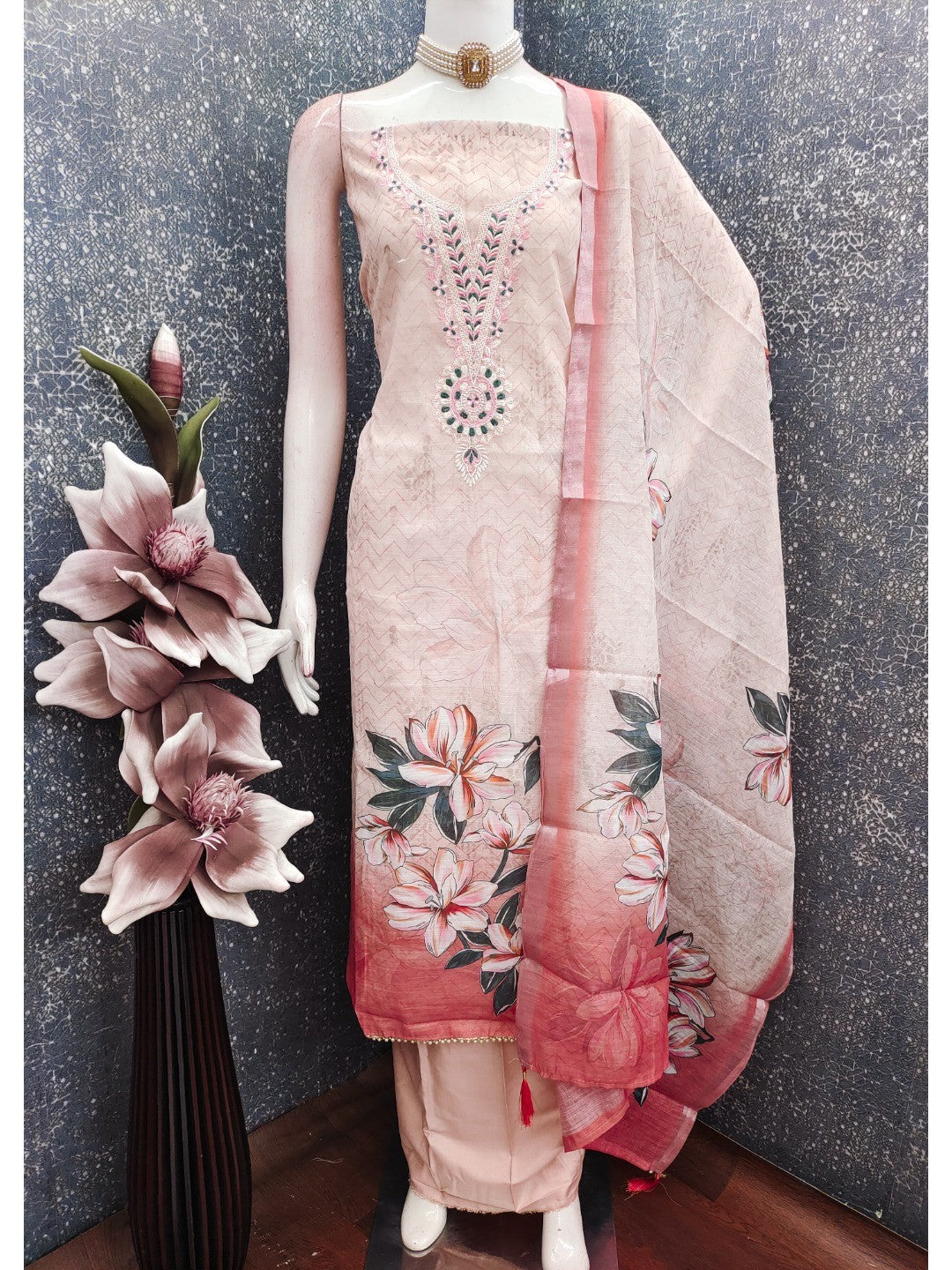 Elegant Peach Linen Dress Material with Floral Thread Work and Dupatta - Image 4