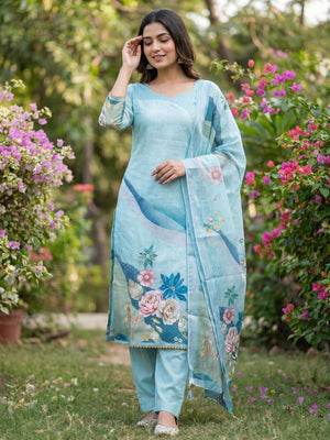 Elegant Floral Printed Sky Blue Linen Dress Material Set - Image 1