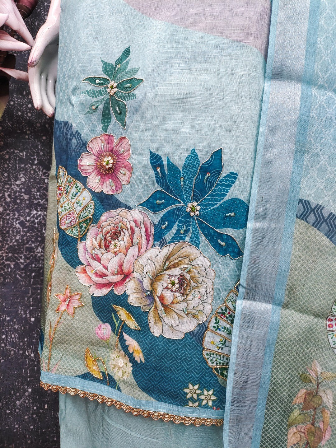 Elegant Floral Printed Sky Blue Linen Dress Material Set - Image 2