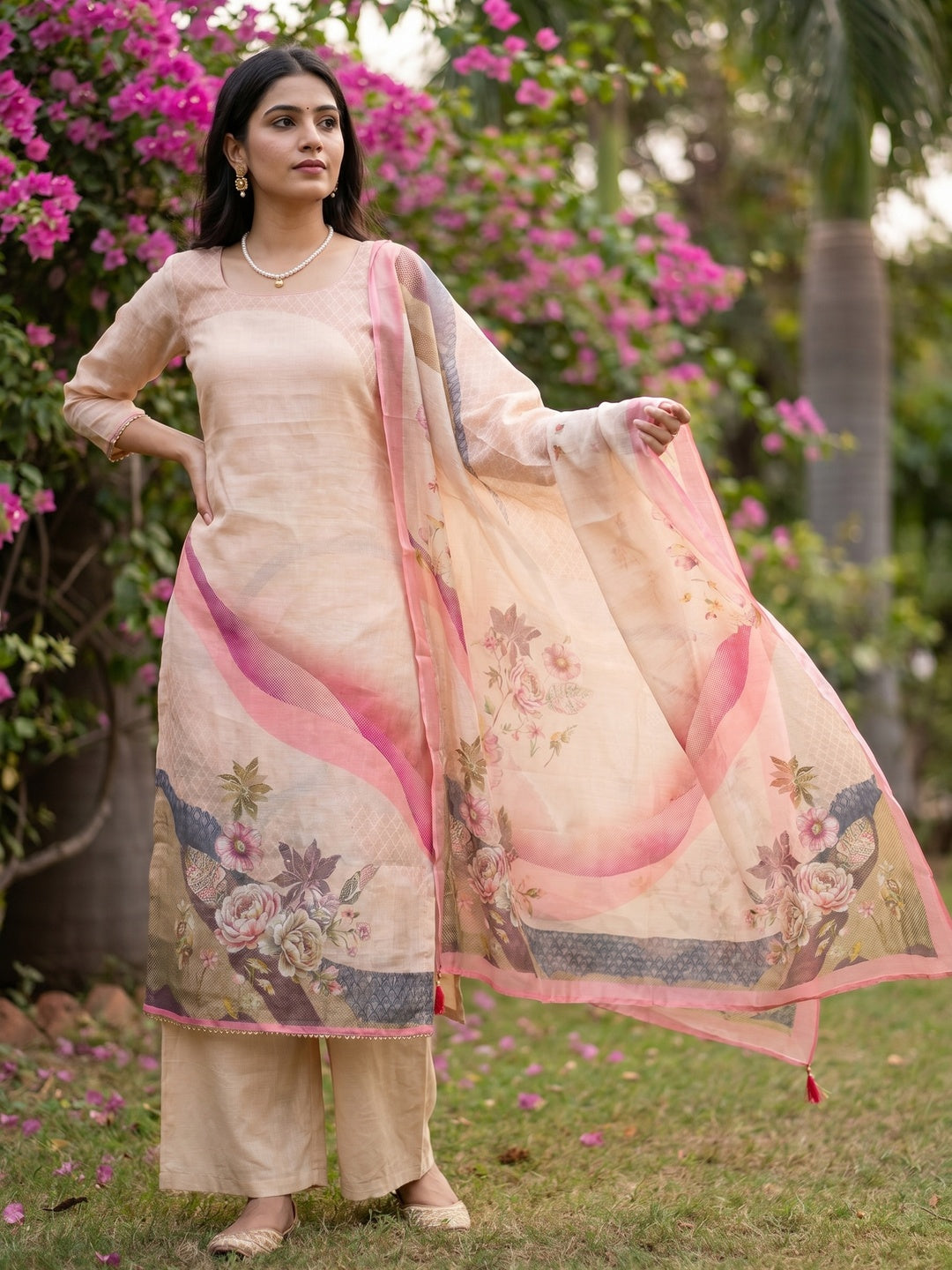 Elegant Floral Printed Peach Linen Dress Material Set - Image 2