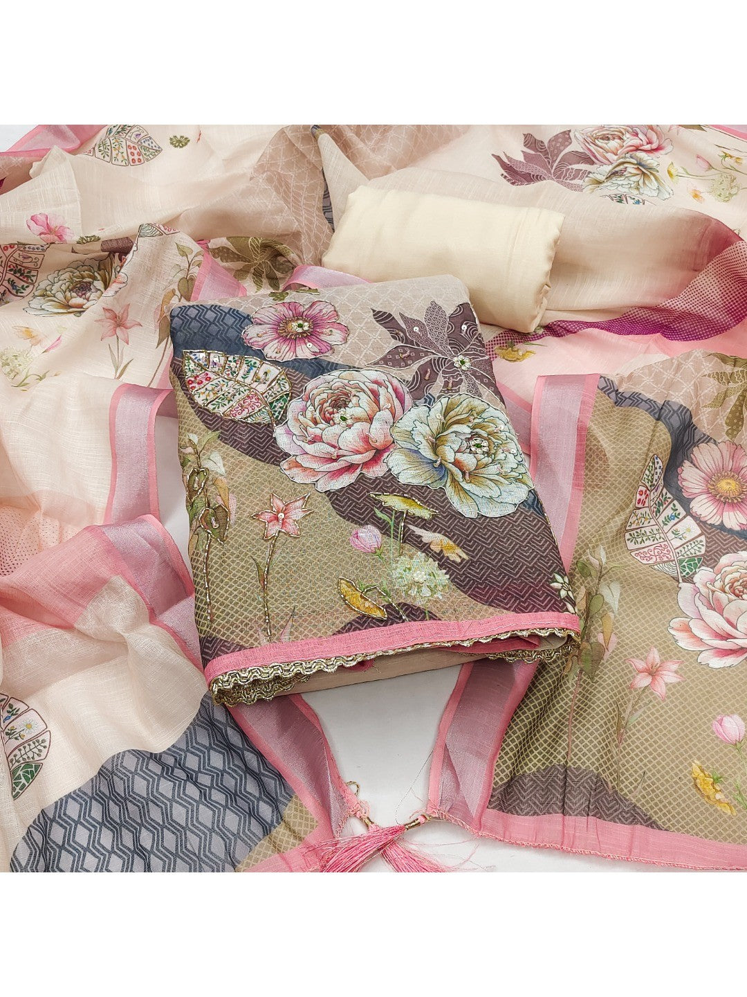 Elegant Floral Printed Peach Linen Dress Material Set - Image 1