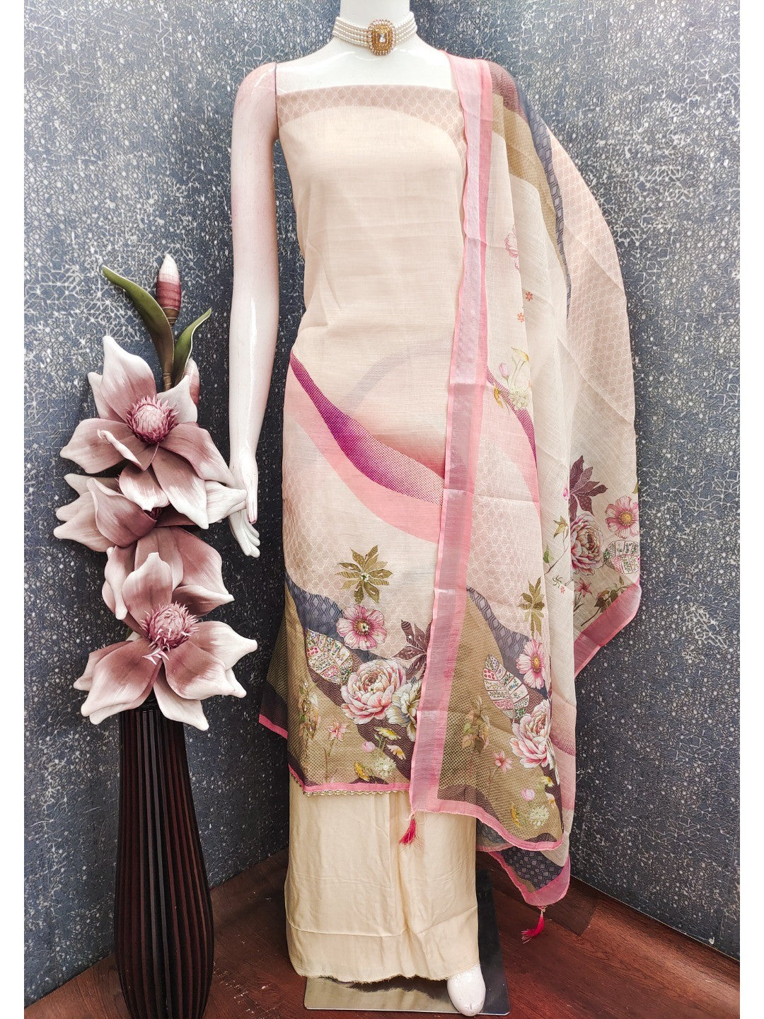 Elegant Floral Printed Peach Linen Dress Material Set - Image 4