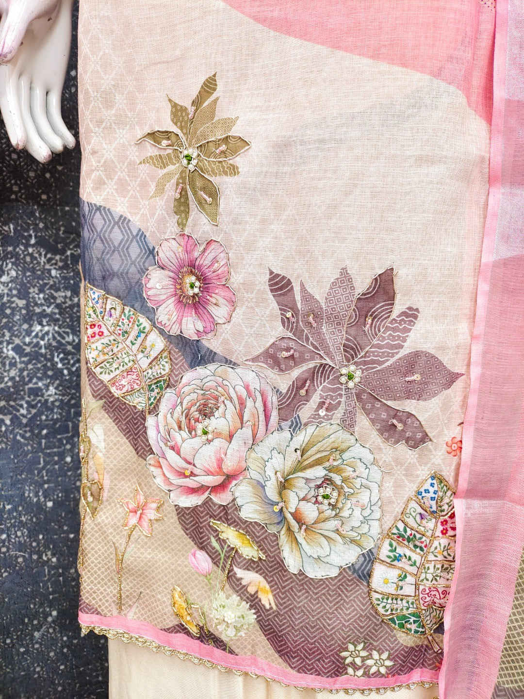 Elegant Floral Printed Peach Linen Dress Material Set - Image 3