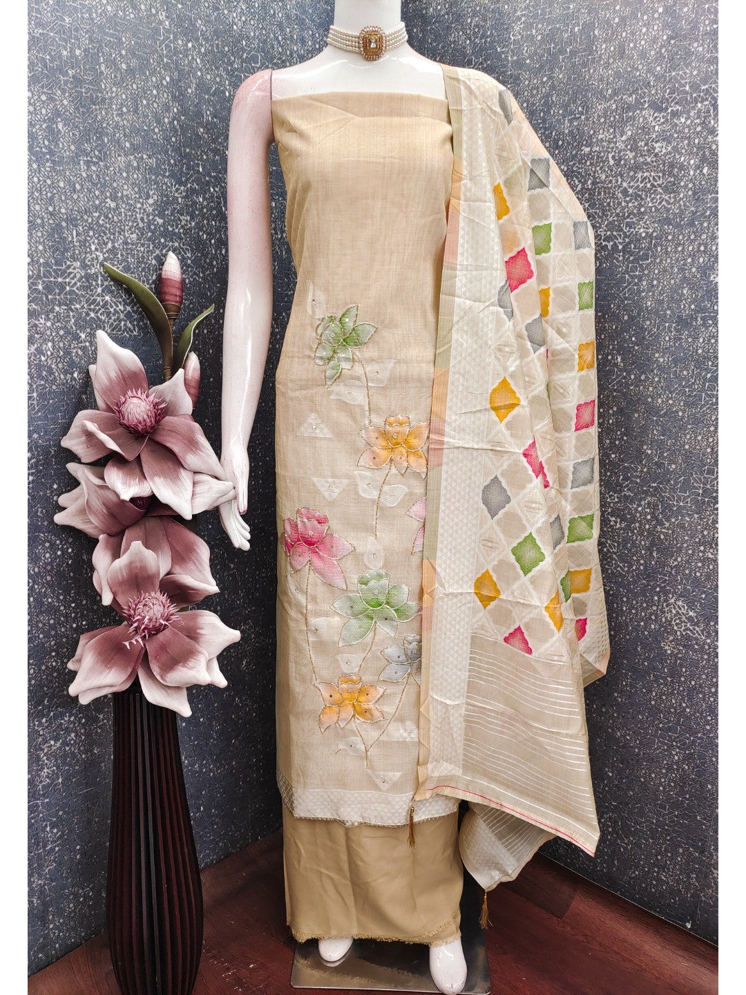 Cream Floral Brasso Dress Material with Matching Dupatta - Image 3