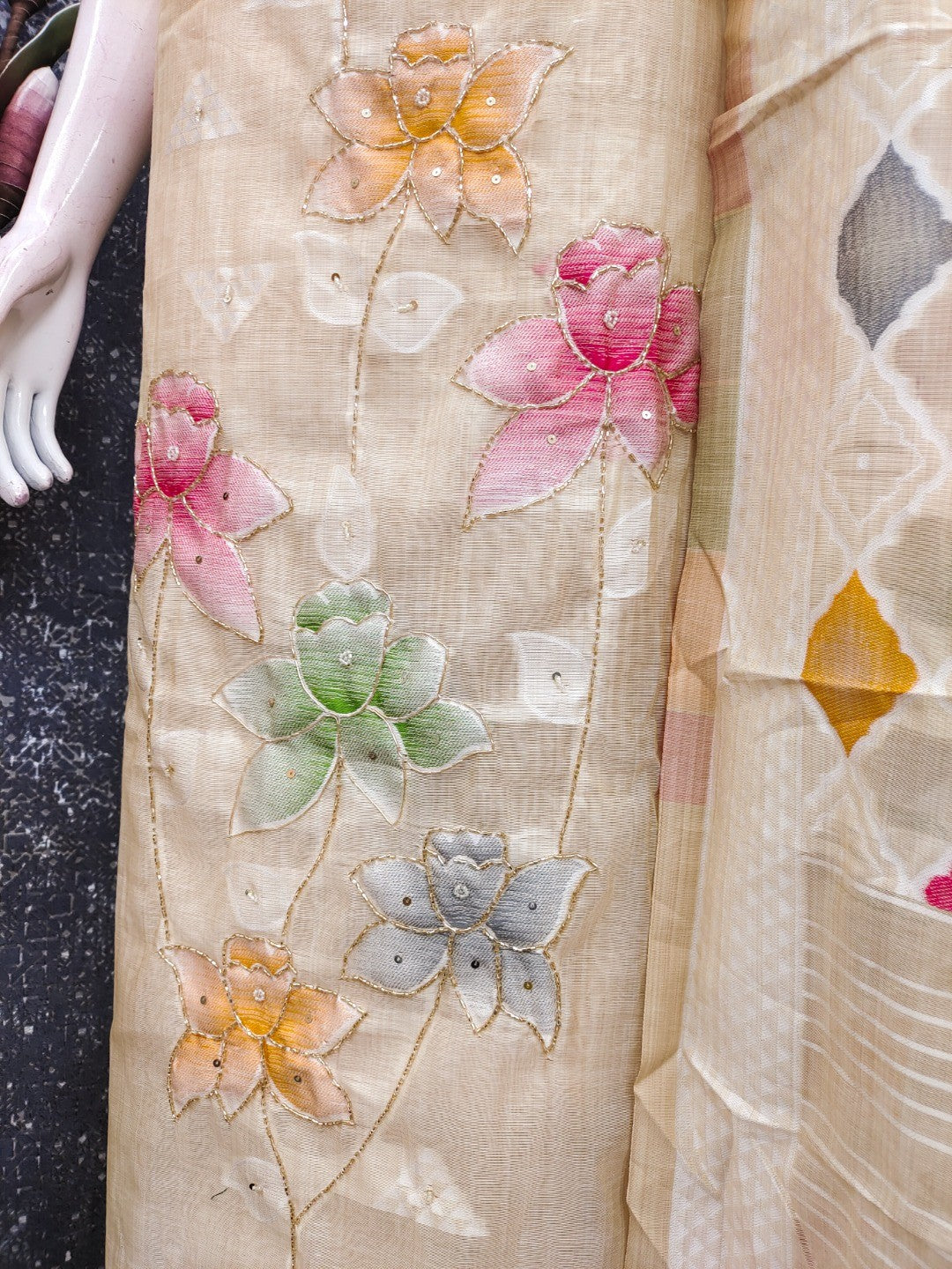 Cream Floral Brasso Dress Material with Matching Dupatta - Image 4