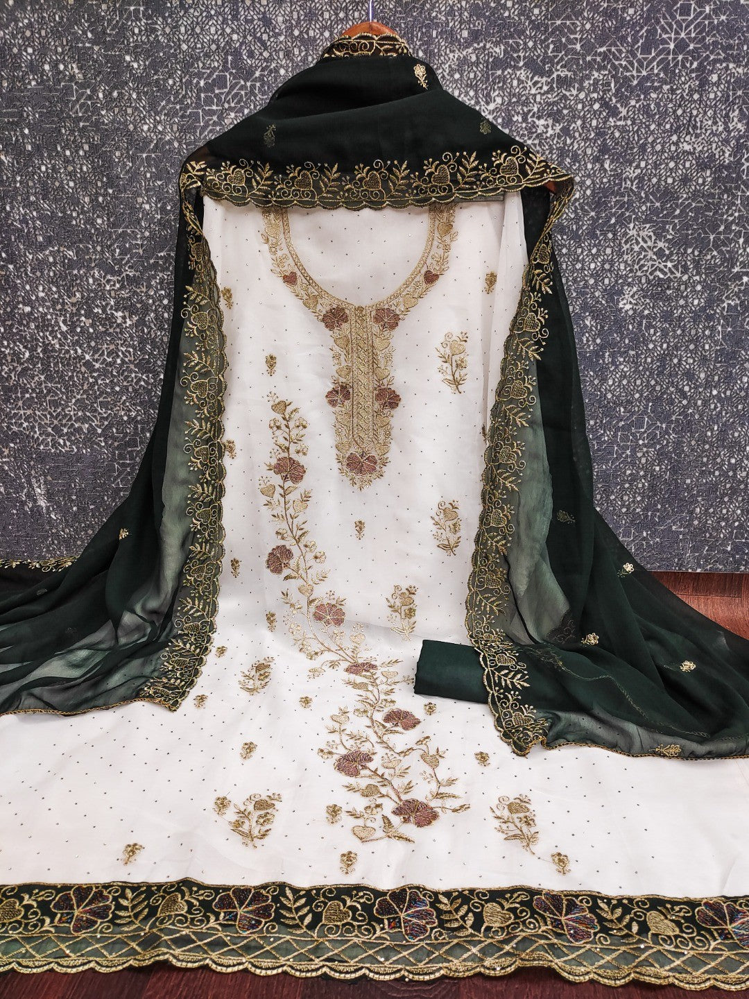 Beautiful White & Green Floral Embroidery With Sparkling Diamond Work Georgette Dress Material - Image 4