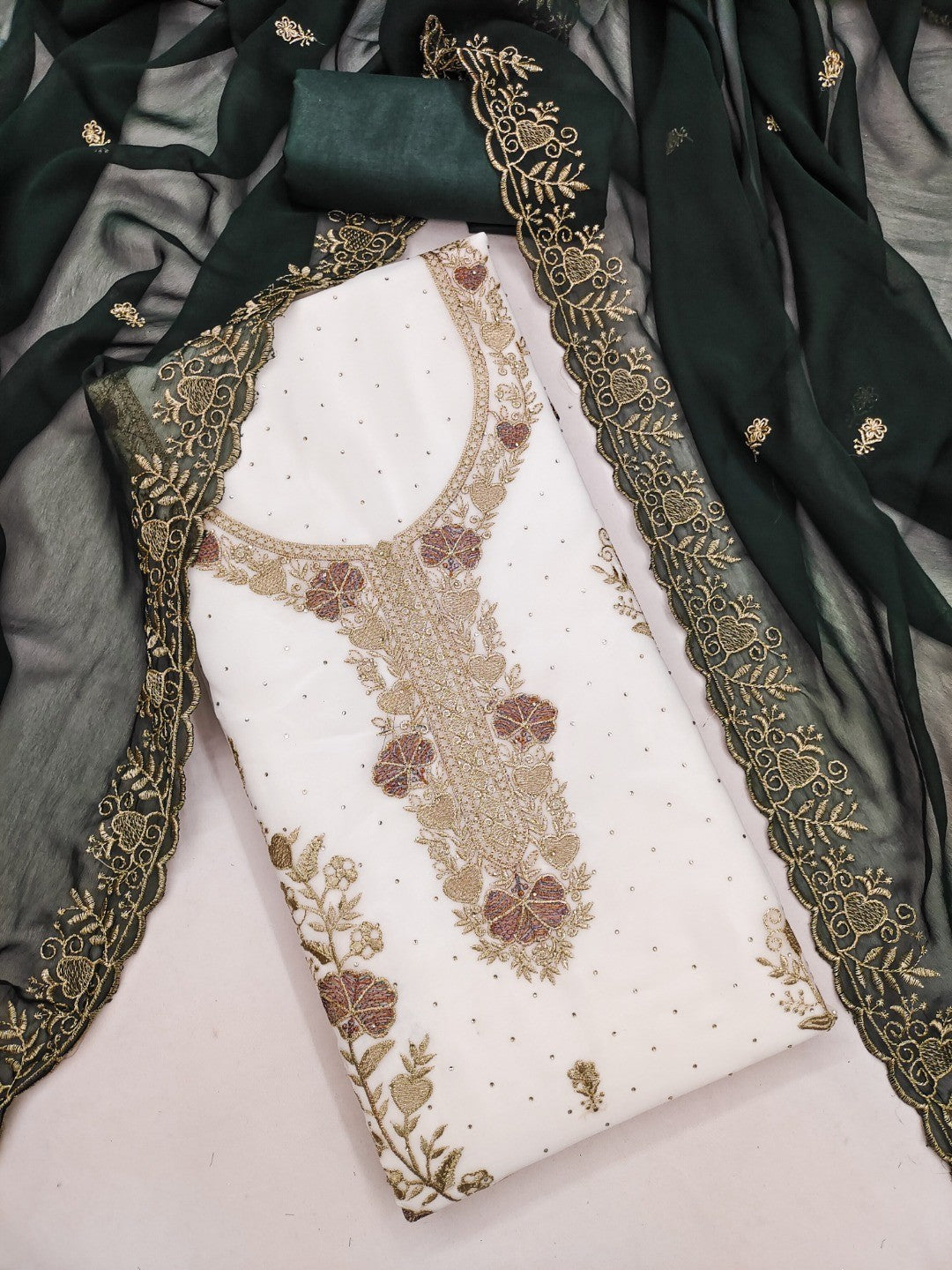 Beautiful White & Green Floral Embroidery With Sparkling Diamond Work Georgette Dress Material - Image 5