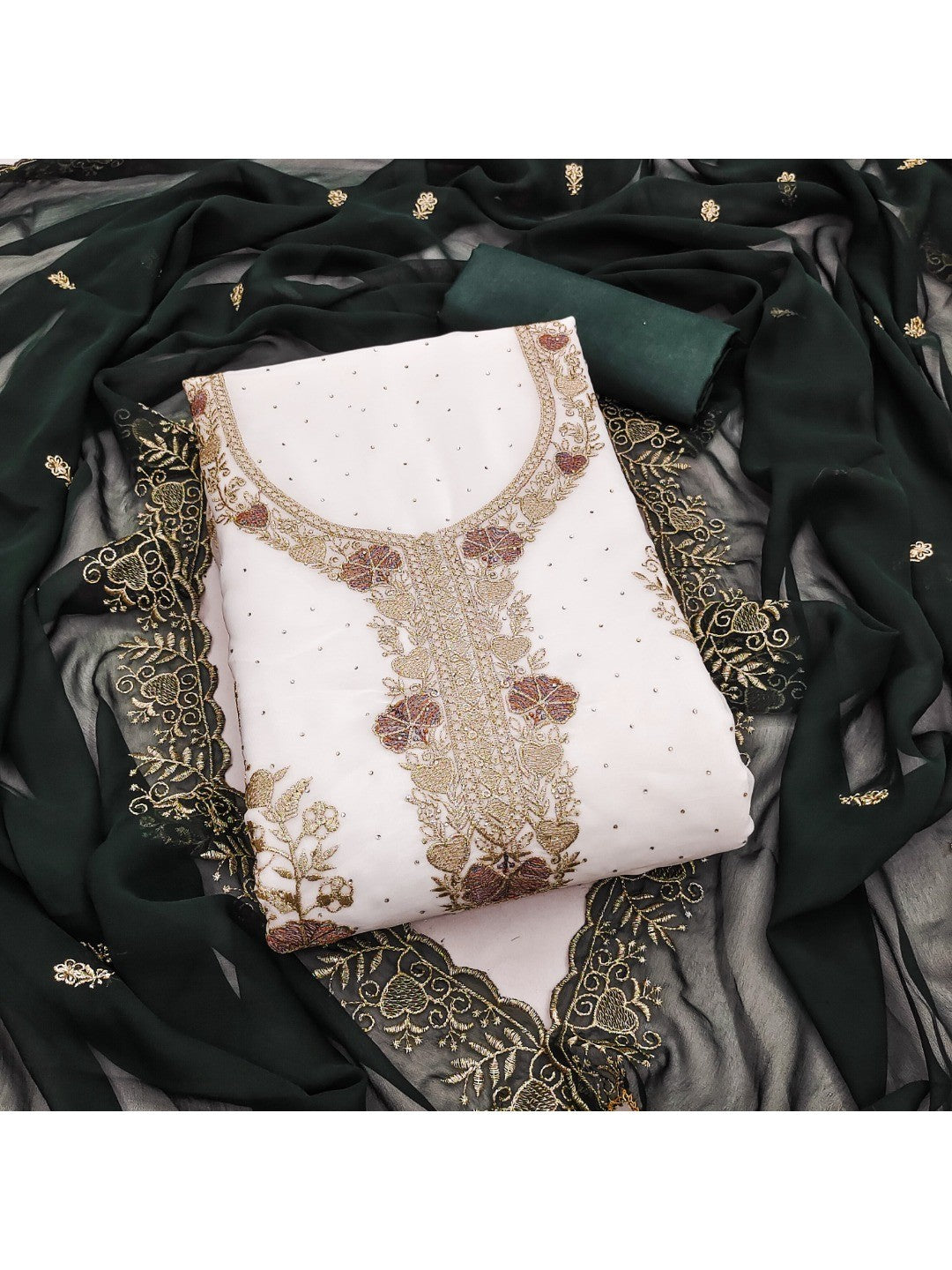 Beautiful White & Green Floral Embroidery With Sparkling Diamond Work Georgette Dress Material - Image 6