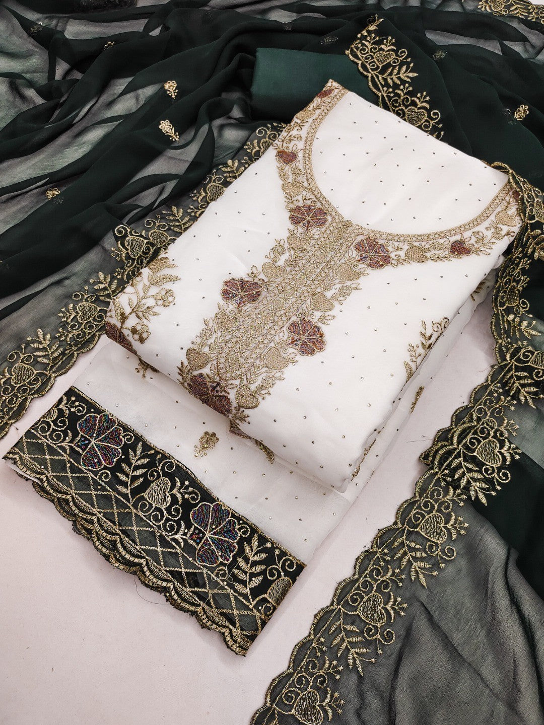 Beautiful White & Green Floral Embroidery With Sparkling Diamond Work Georgette Dress Material - Image 1