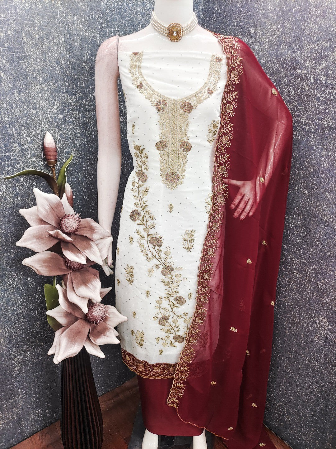 Beautiful White & Maroon Floral Embroidery With Sparkling Diamond Work Georgette Dress Material - Image 5