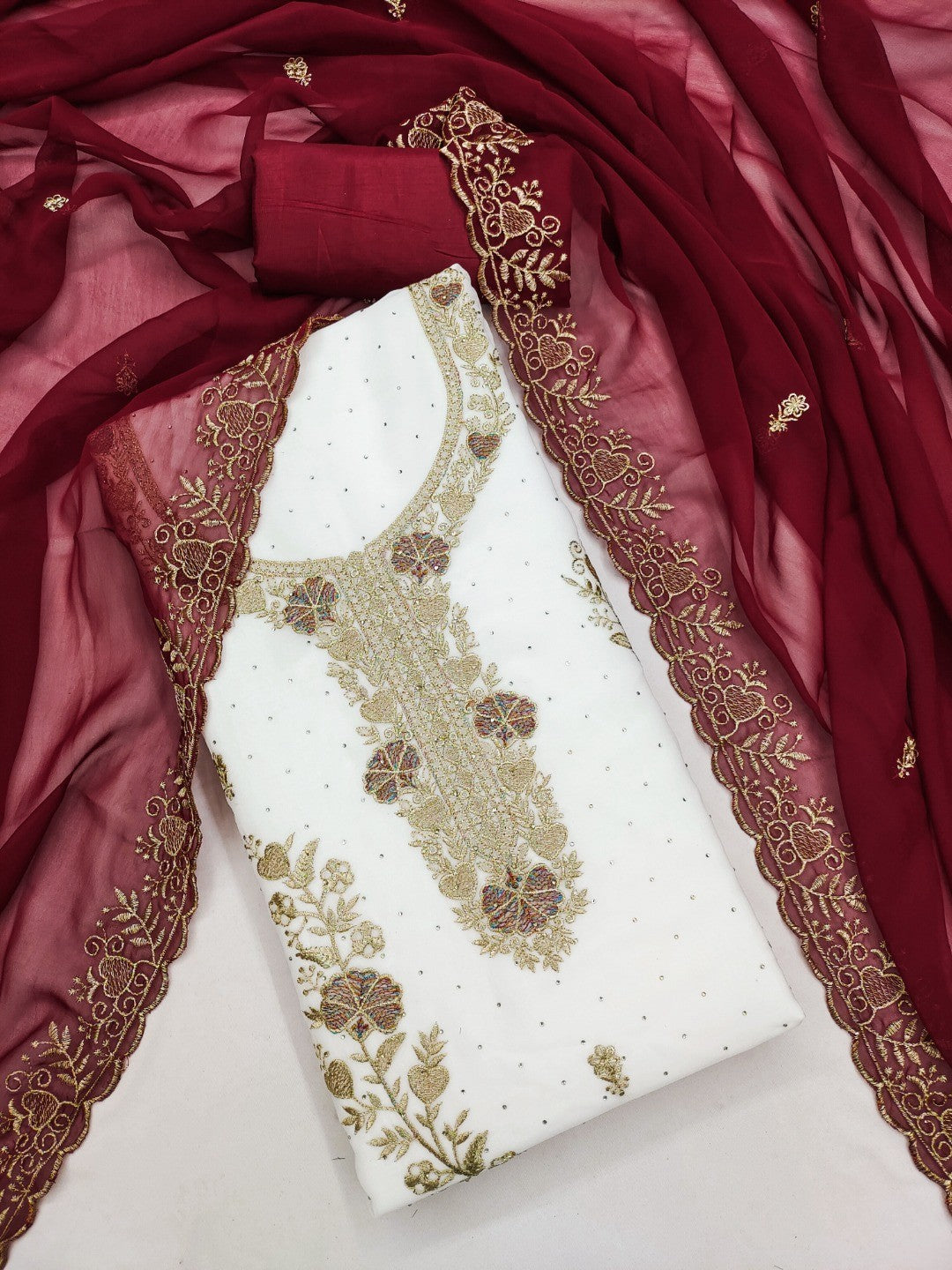 Beautiful White & Maroon Floral Embroidery With Sparkling Diamond Work Georgette Dress Material - Image 6