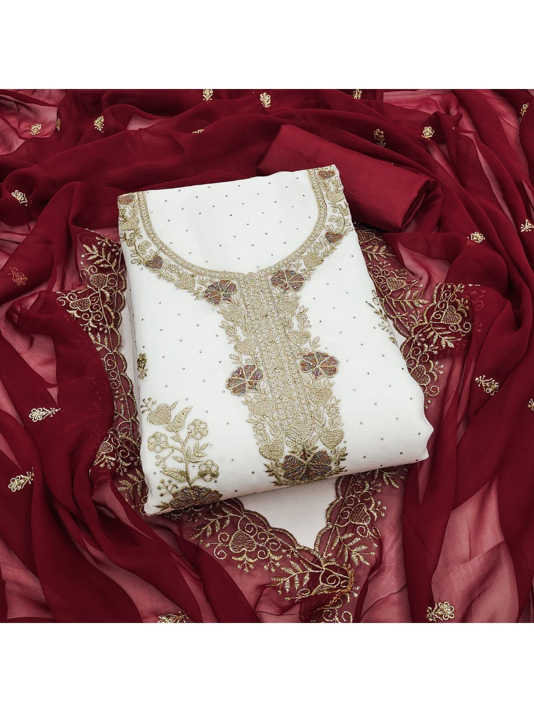 Beautiful White & Maroon Floral Embroidery With Sparkling Diamond Work Georgette Dress Material - Image 4