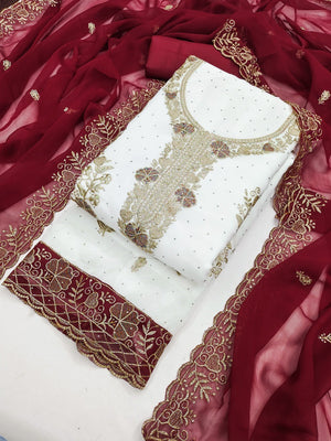 Beautiful White & Maroon Floral Embroidery With Sparkling Diamond Work Georgette Dress Material - Image 1