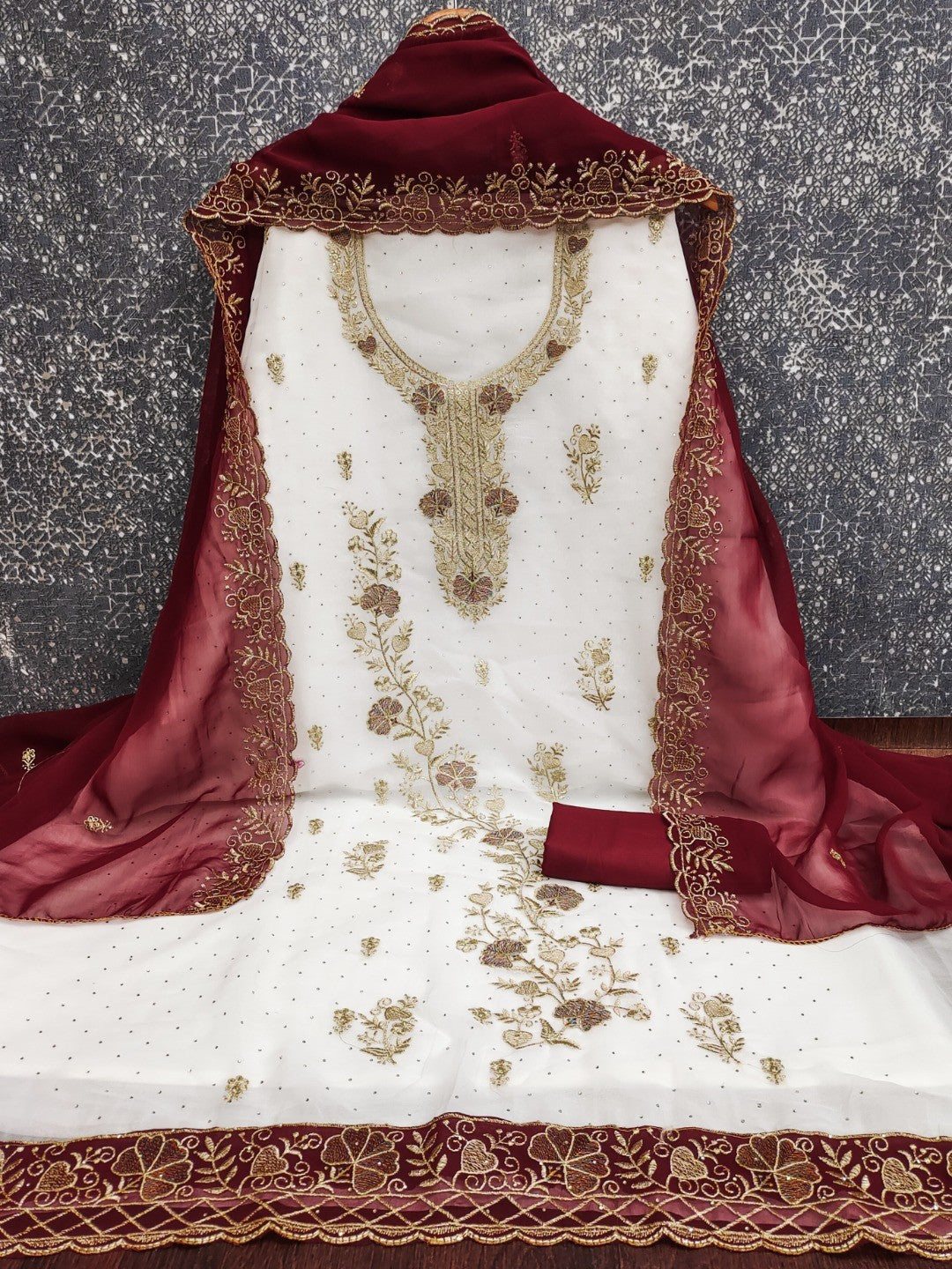 Beautiful White & Maroon Floral Embroidery With Sparkling Diamond Work Georgette Dress Material - Image 3