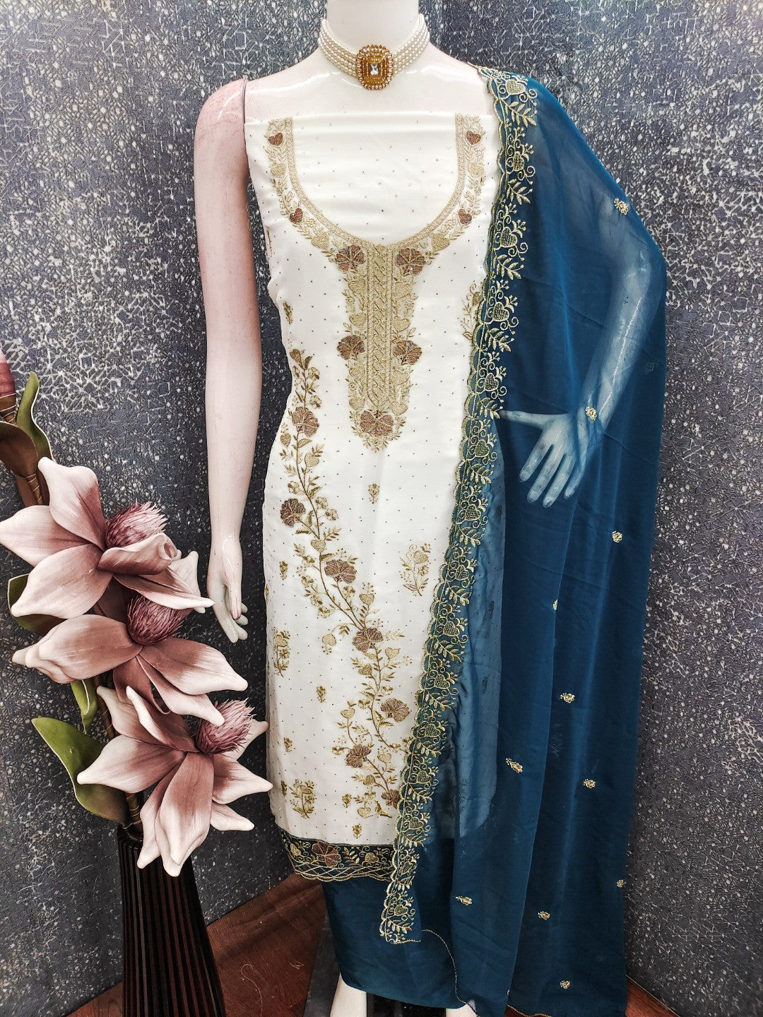 Beautiful White & Blue Floral Embroidery With Sparkling Diamond Work Georgette Dress Material - Image 5