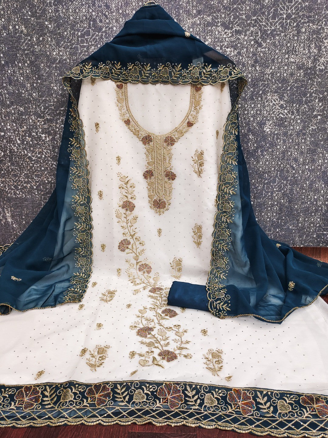 Beautiful White & Blue Floral Embroidery With Sparkling Diamond Work Georgette Dress Material - Image 3
