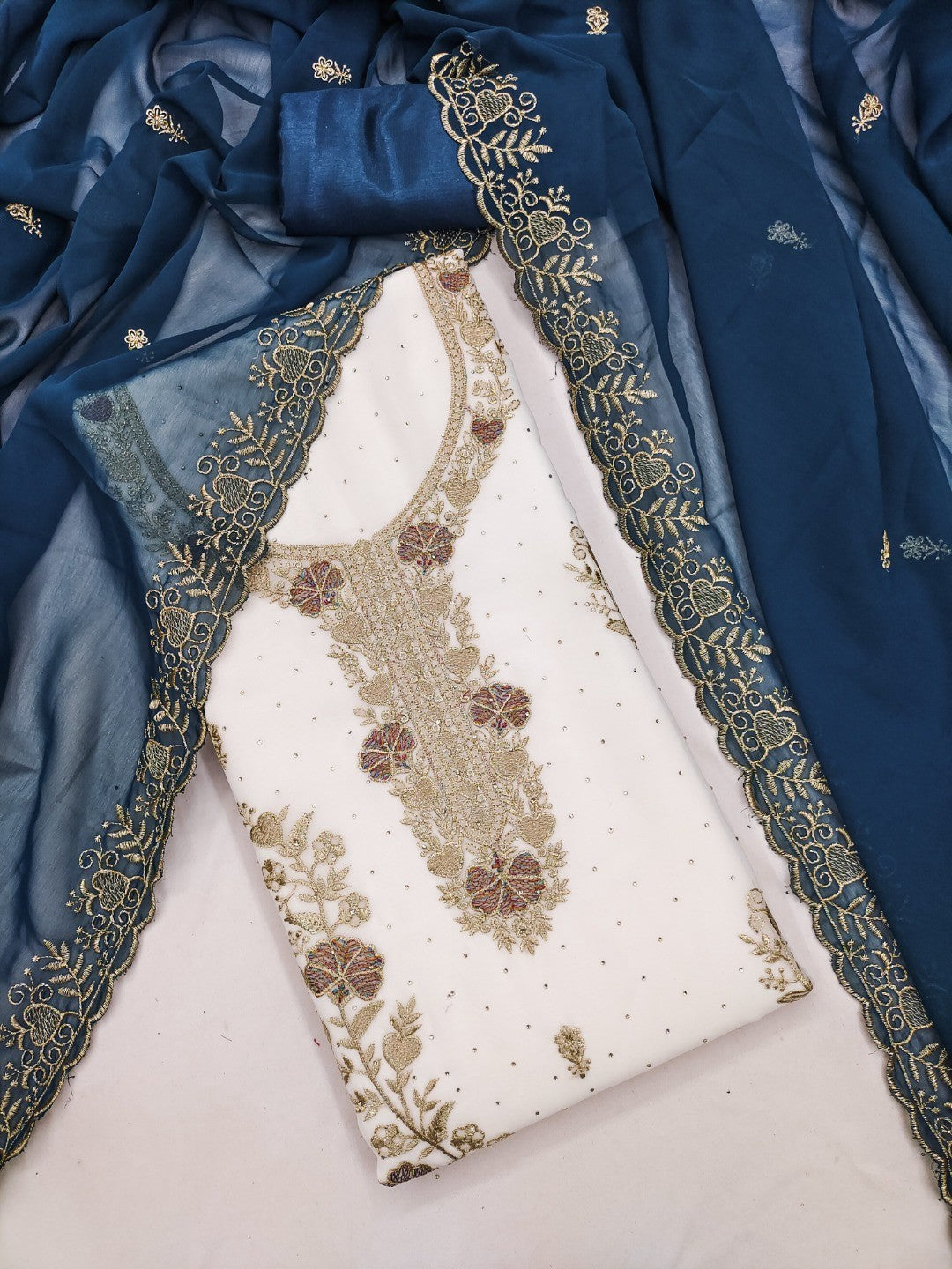 Beautiful White & Blue Floral Embroidery With Sparkling Diamond Work Georgette Dress Material - Image 4