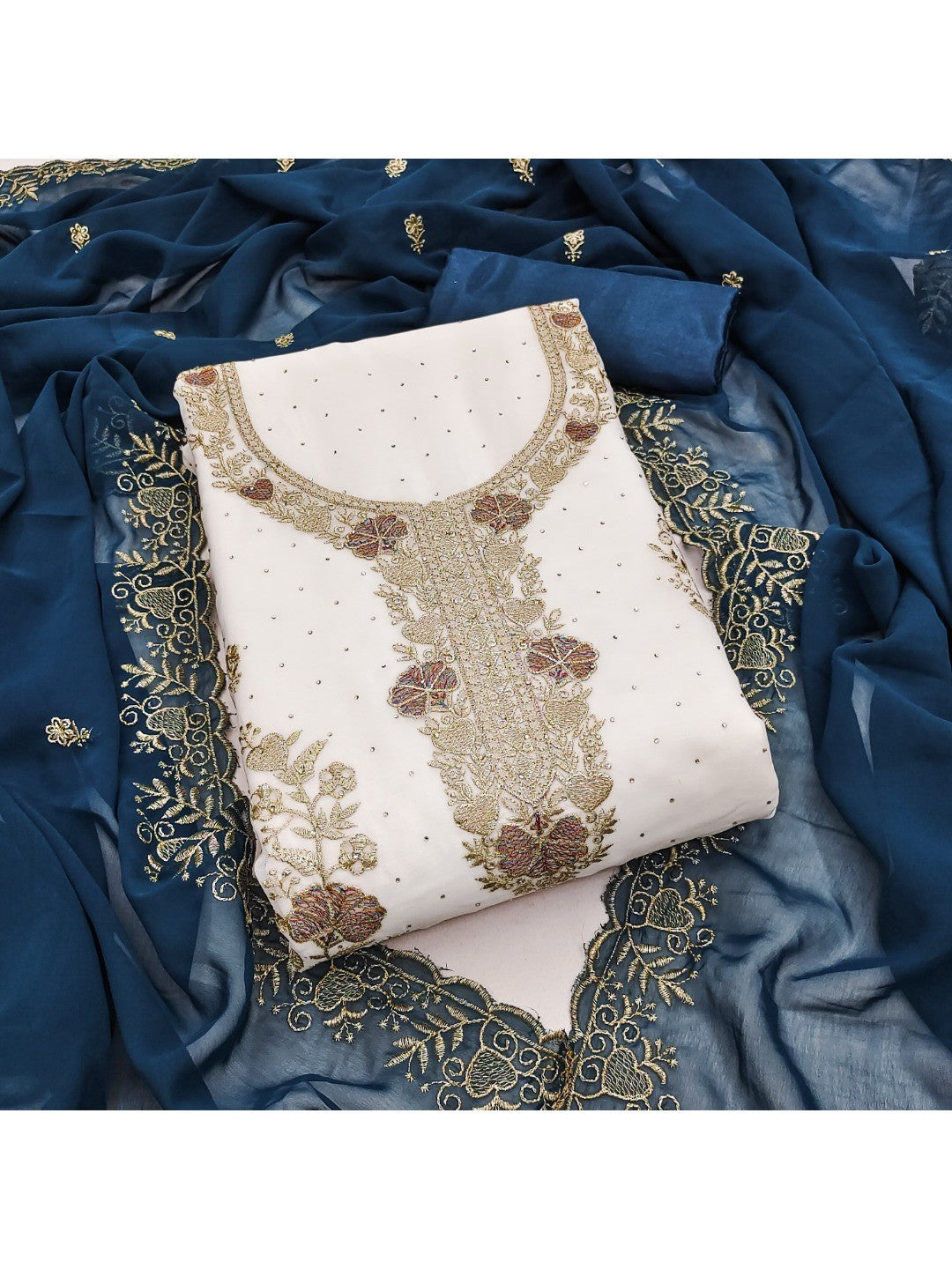 Beautiful White & Blue Floral Embroidery With Sparkling Diamond Work Georgette Dress Material - Image 6