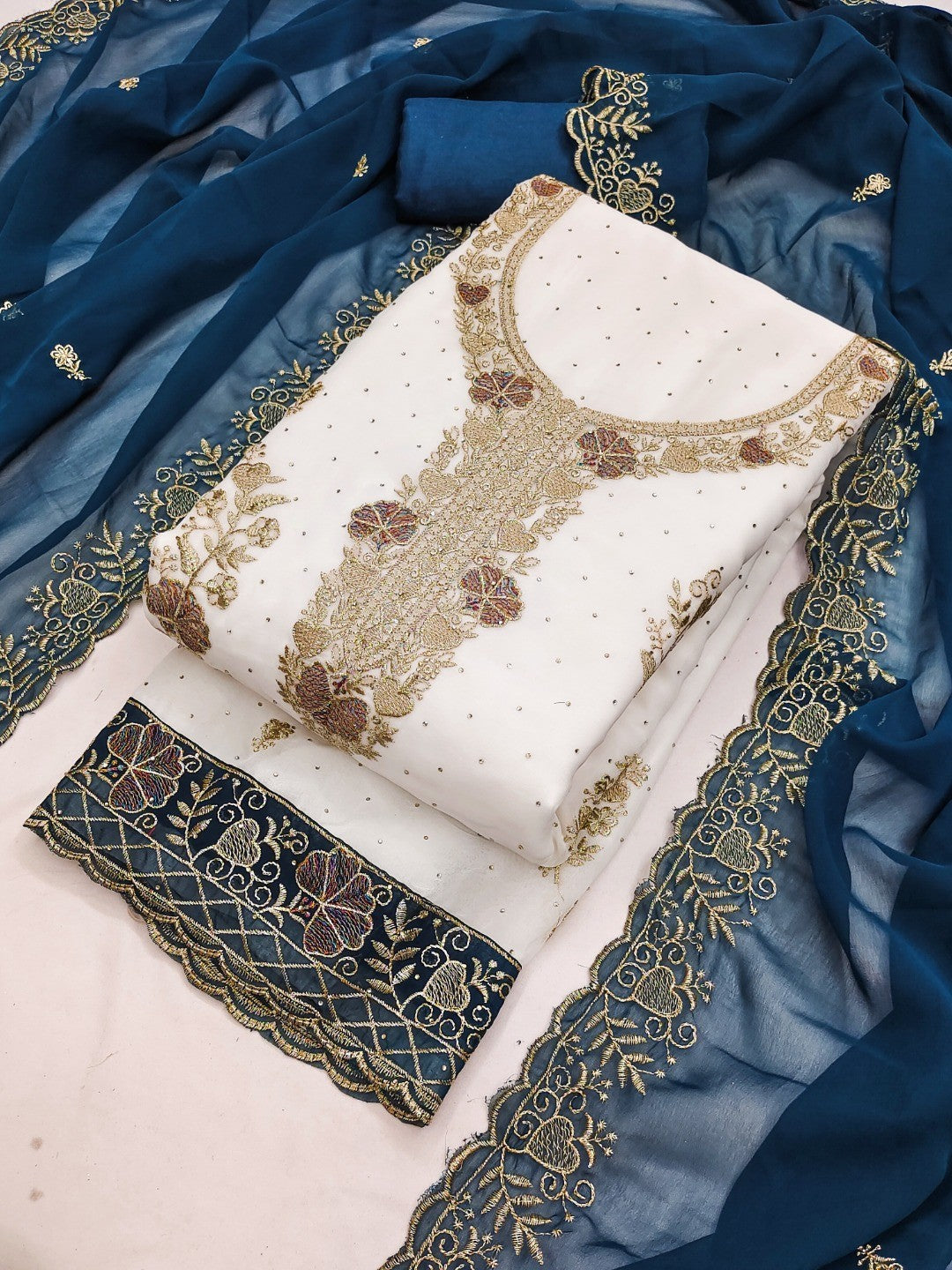 Beautiful White & Blue Floral Embroidery With Sparkling Diamond Work Georgette Dress Material - Image 1