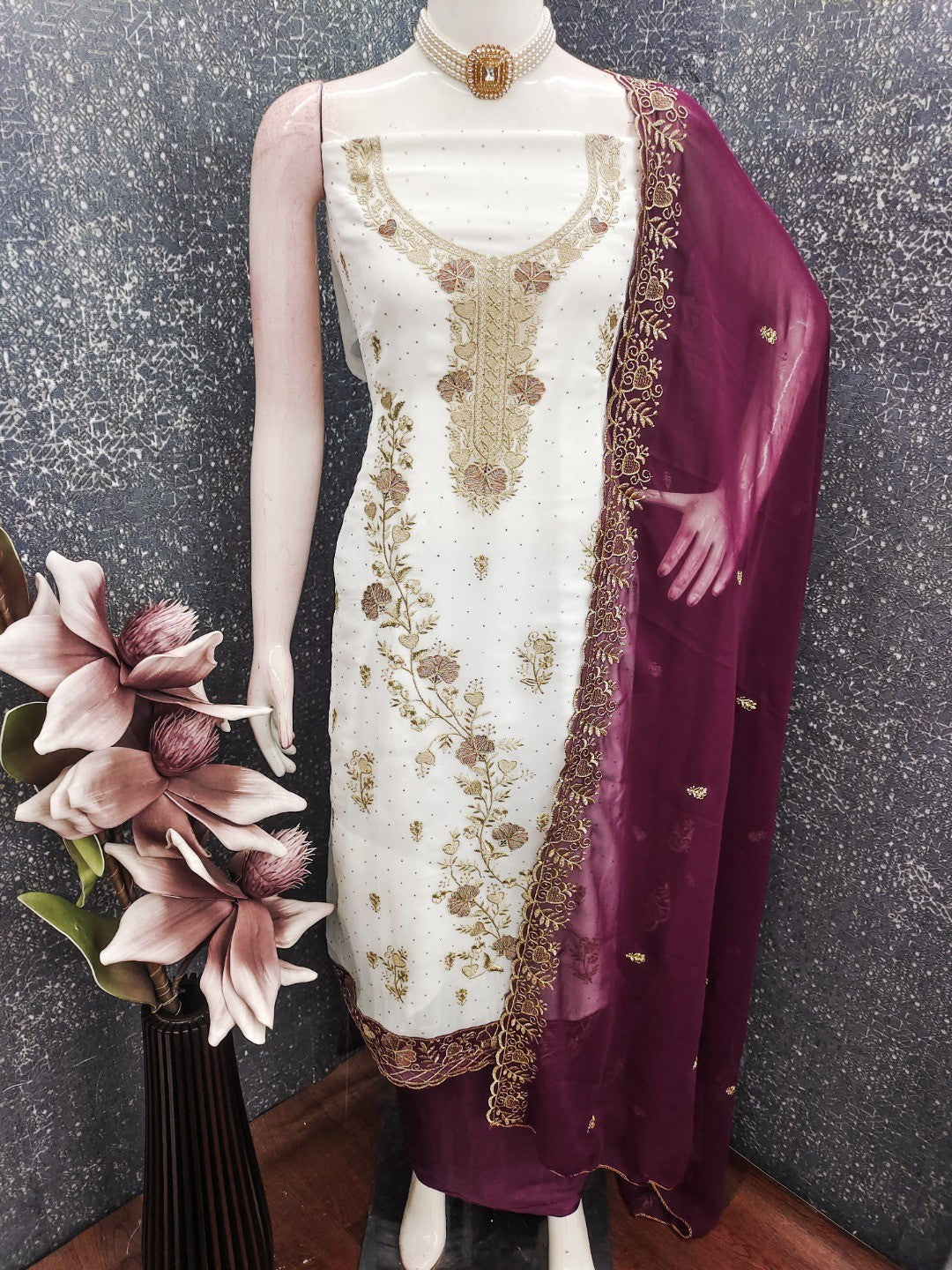 Beautiful White & Wine Floral Embroidery With Sparkling Diamond Work Georgette Dress Material - Image 6